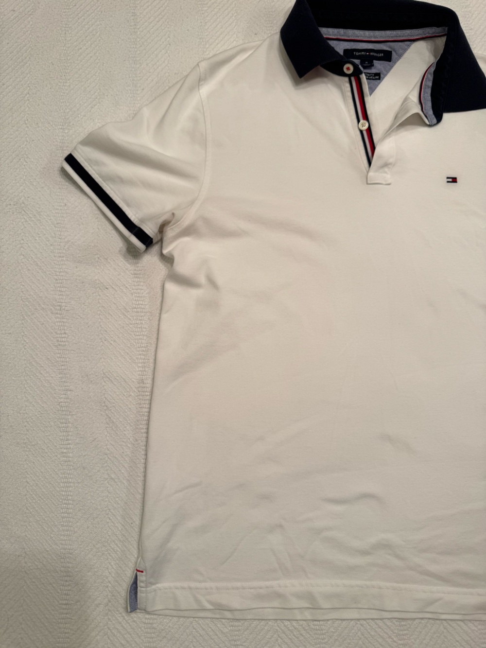 Tommy Hilfiger White Polo with Navy Stripe Accents - Picture 2 of 7